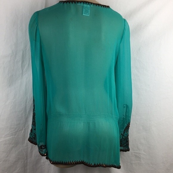 Cache 100% Silk Blue & Brown Sheer Embellished Embroidered Peasant Top S - Picture 3 of 8
